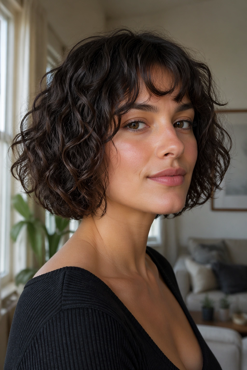 Close-up of a real woman with a jaw-length curly bob in natural light.