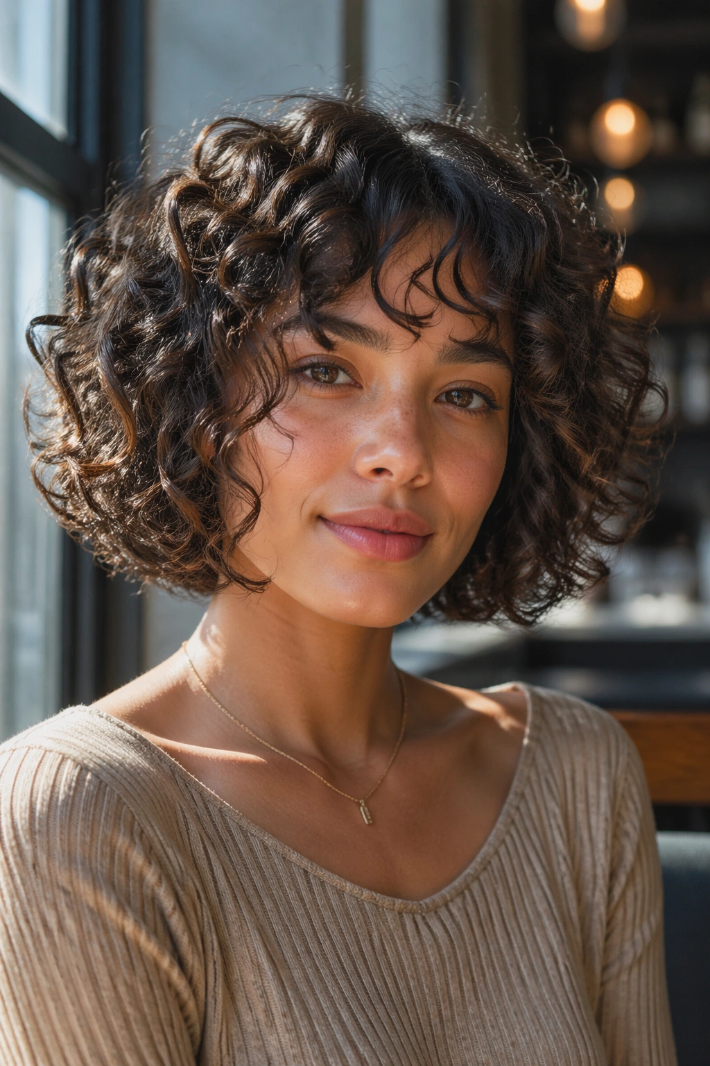 Real person with a layered curly bob around chin length