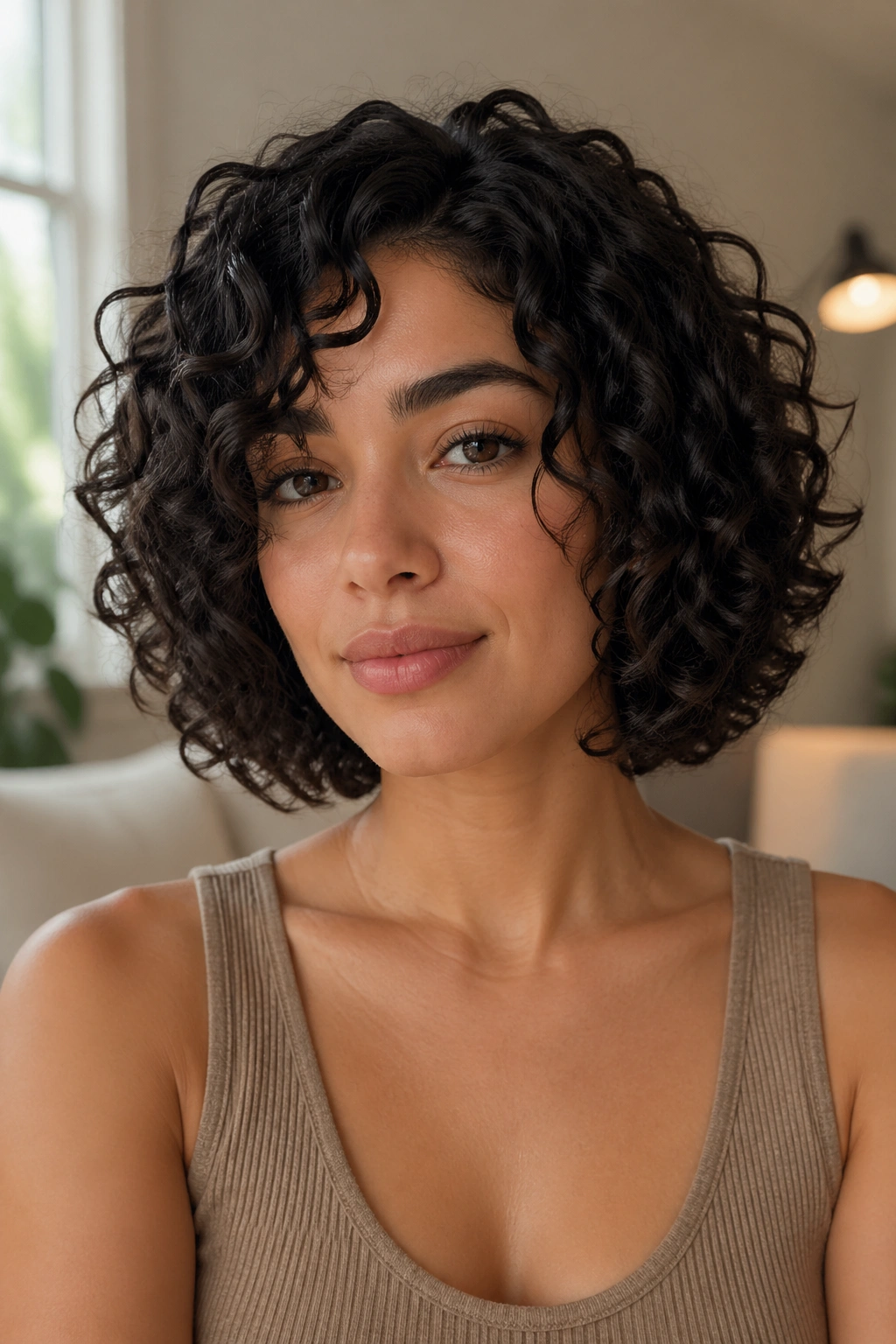 Close-up of a real woman with chin-to-collarbone curly bob in natural window light