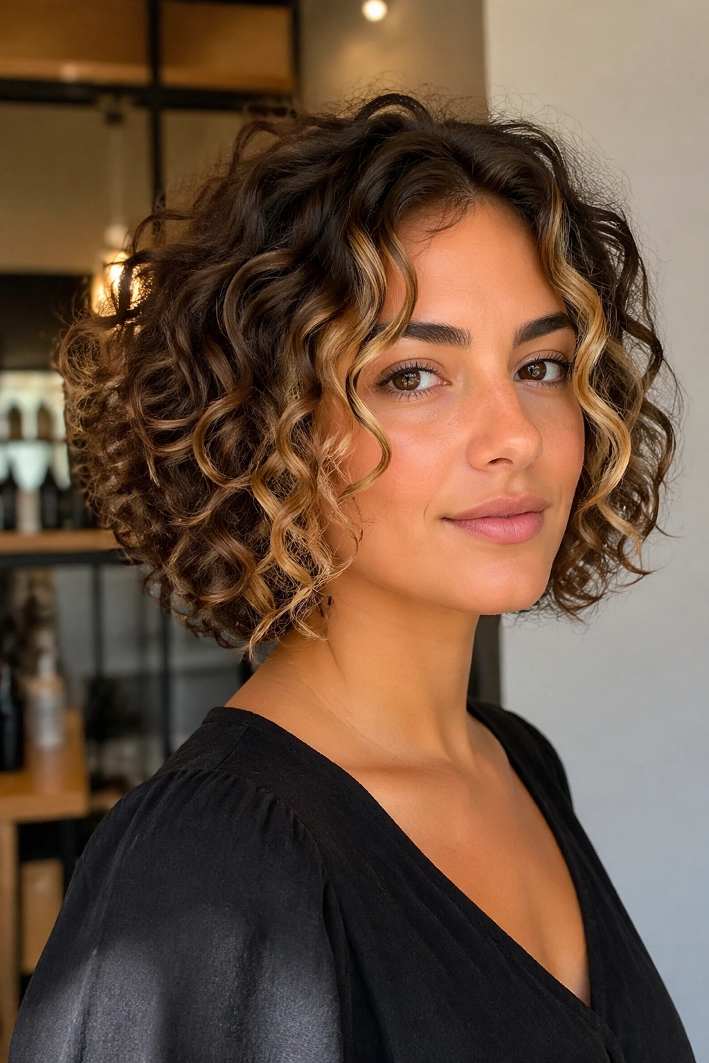 Curly bob with face-framing money pieces brightening the front