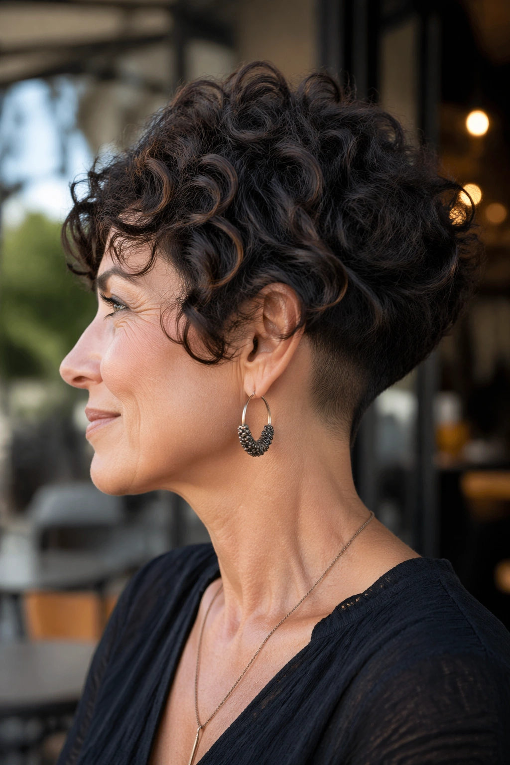 Side-profile of woman with curly bob and nape undercut in cafe light
