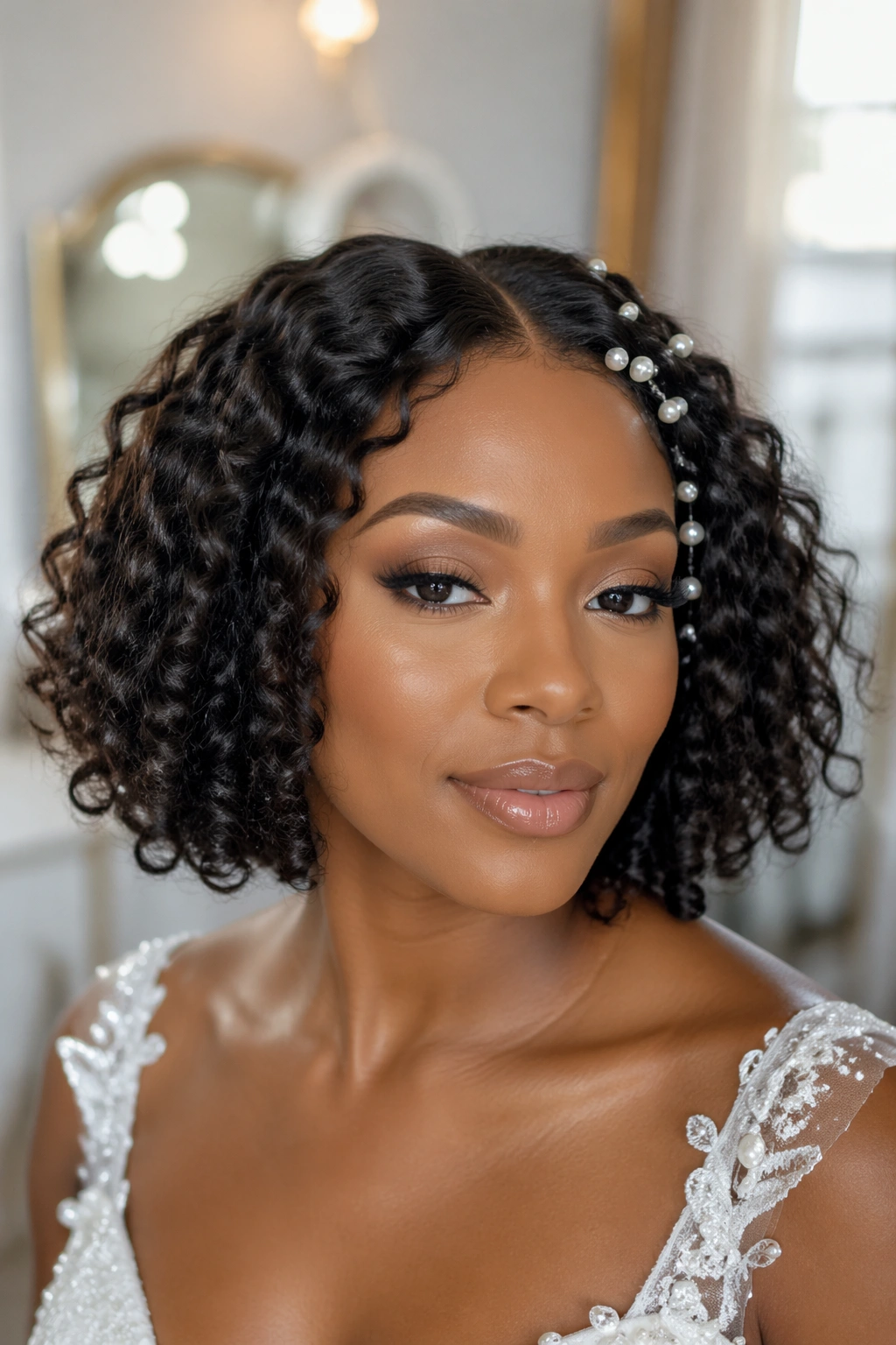 Close-up of real bride with curly bob, middle part and pearls in a bridal studio