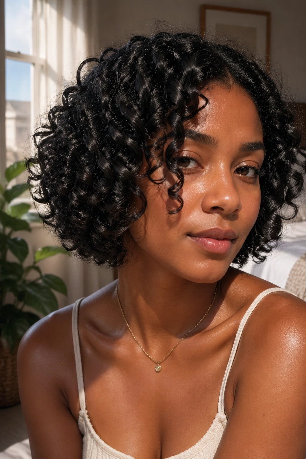 Close-up portrait of a woman with jaw-length curly bob and defined curls