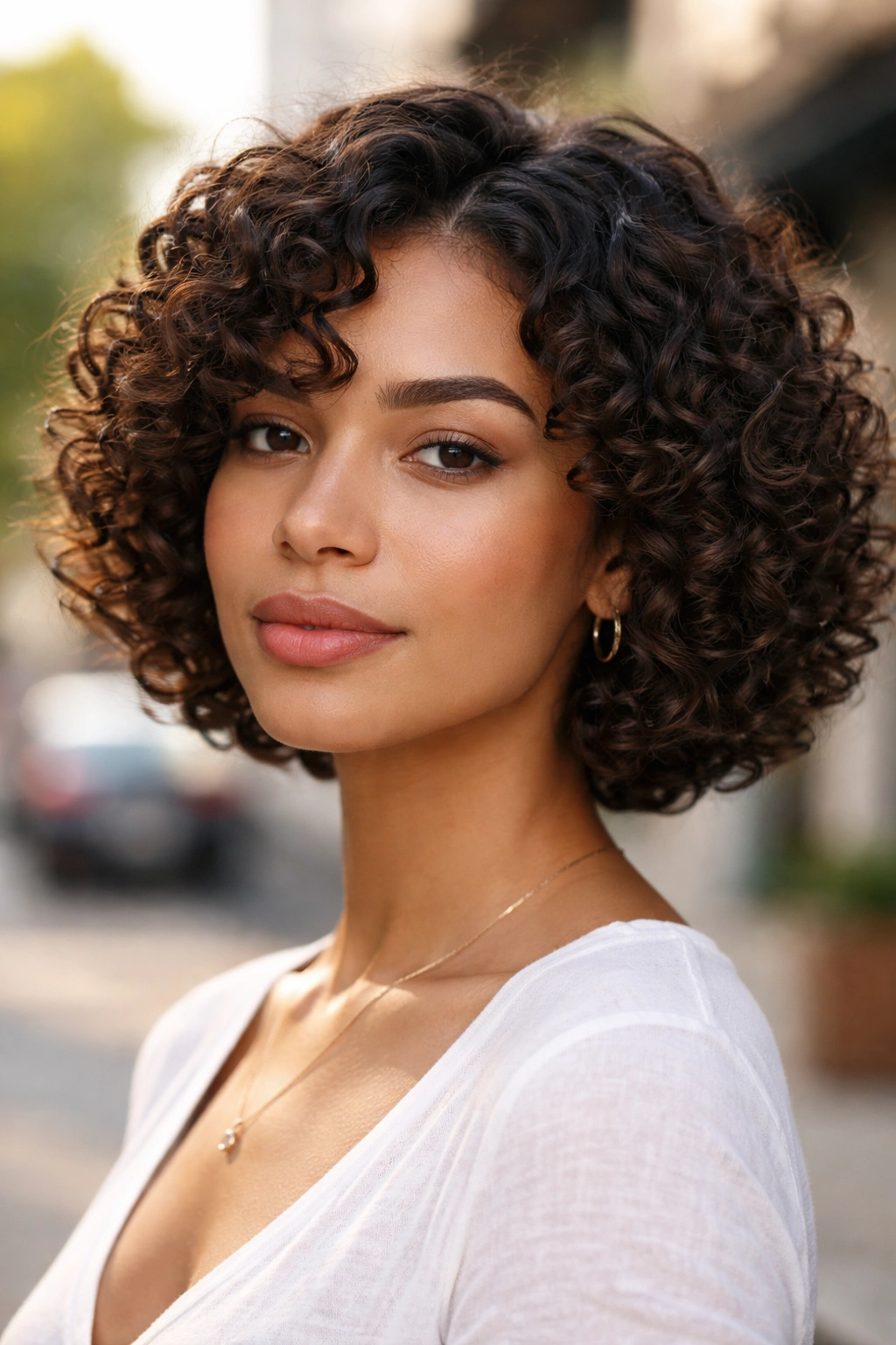 Close-up of a real woman wearing a curly bob around the jawline