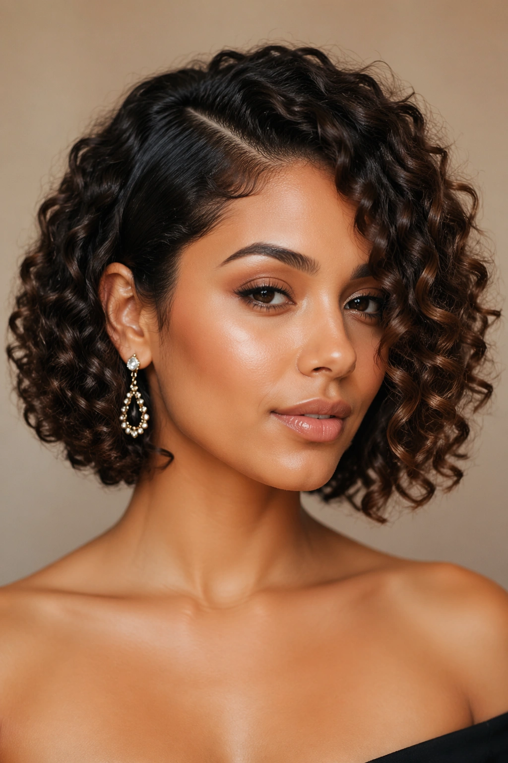 Sculpted curly bob with deep side part and defined ends