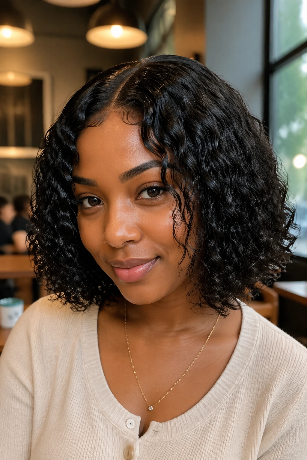 Portrait of a real woman with a curly chin-length bob and soft leave-out.