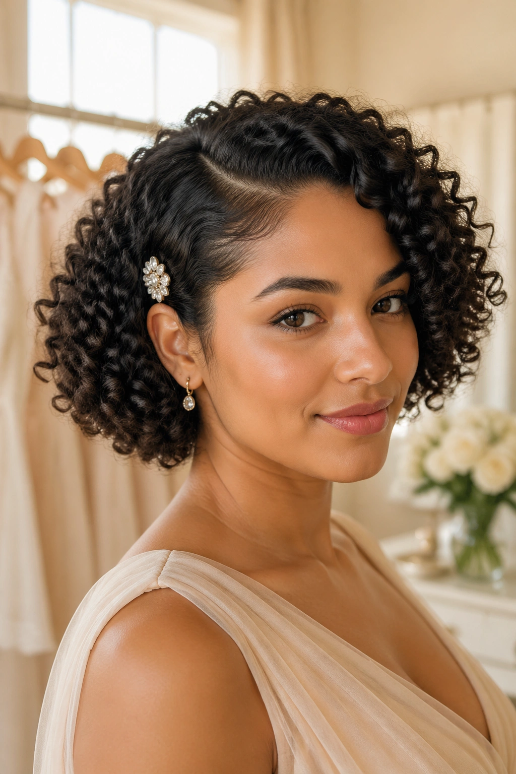Close-up portrait of a real woman with a curly bob in a bridal dressing room