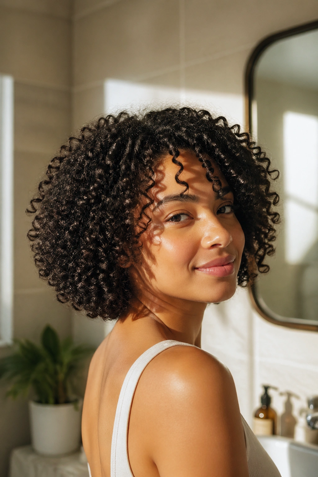 Close-up of a real woman with a curly bob at chin-length.