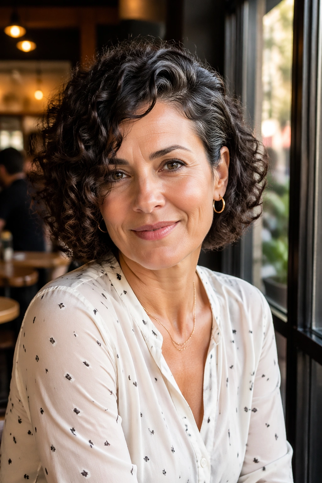Close-up of a real woman with chin-length curly bob and side part in natural light