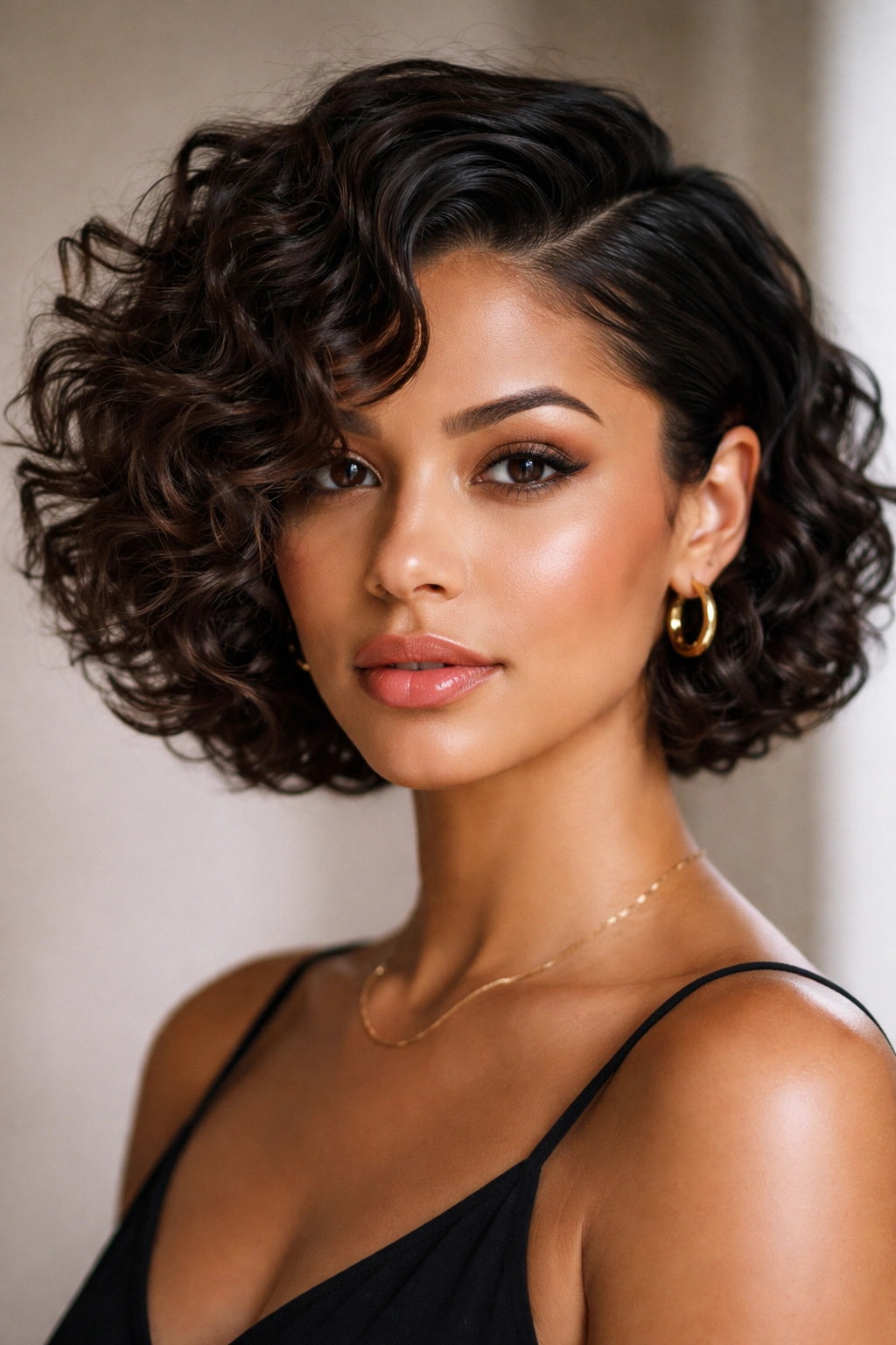 Side-parted curly bob with dramatic part and defined curls