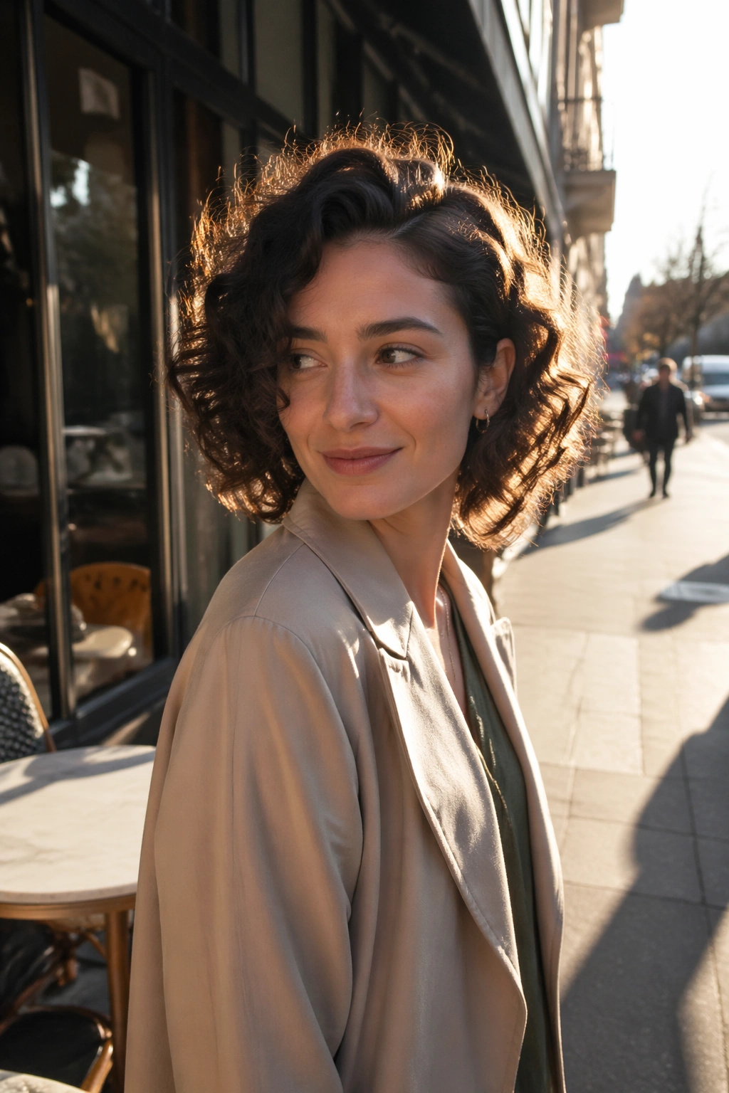 Tousled curly bob with side part in city light