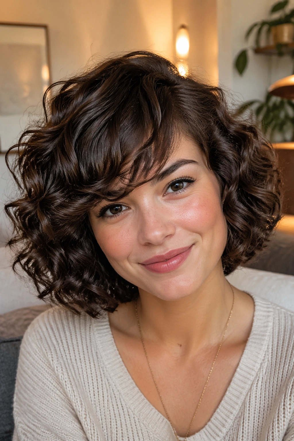 Real woman with curly bob and side-swept bangs.