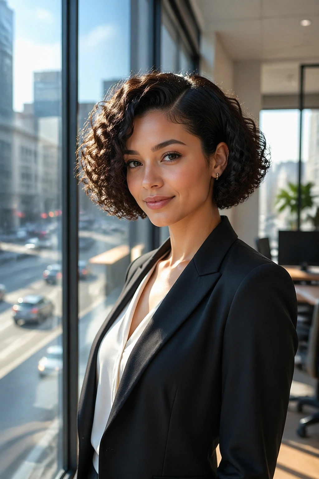 Deep-side-part curly bob in office setting