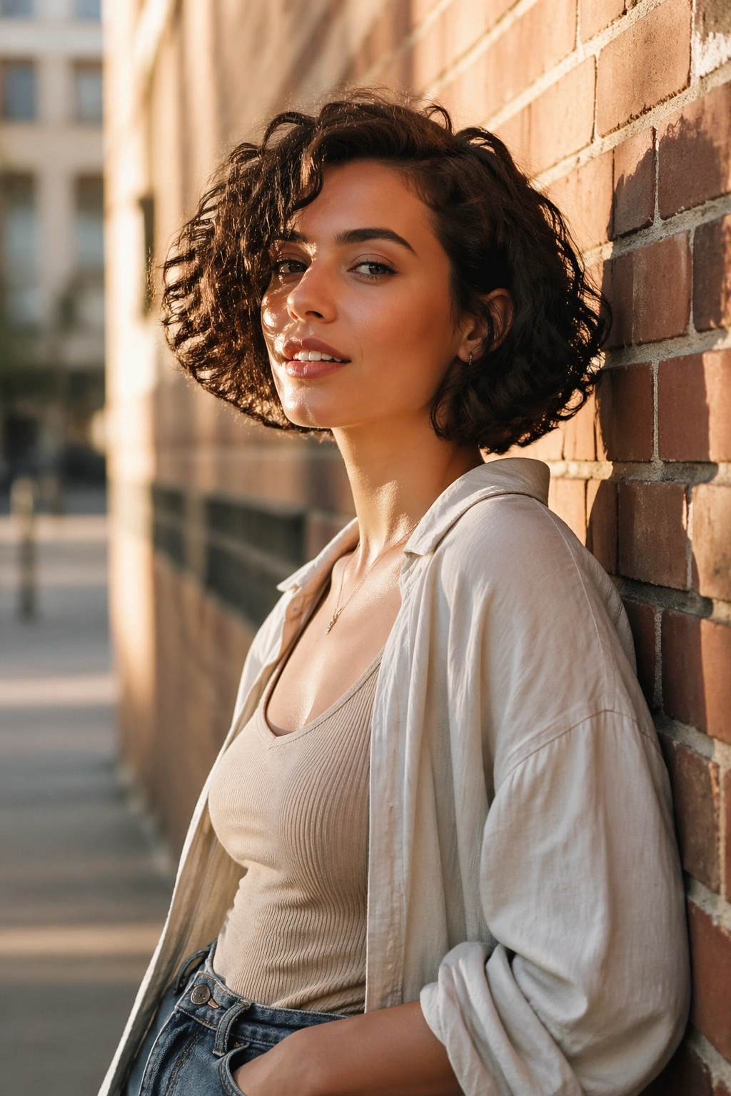 Hero shot of chin-length curly bob in city setting.