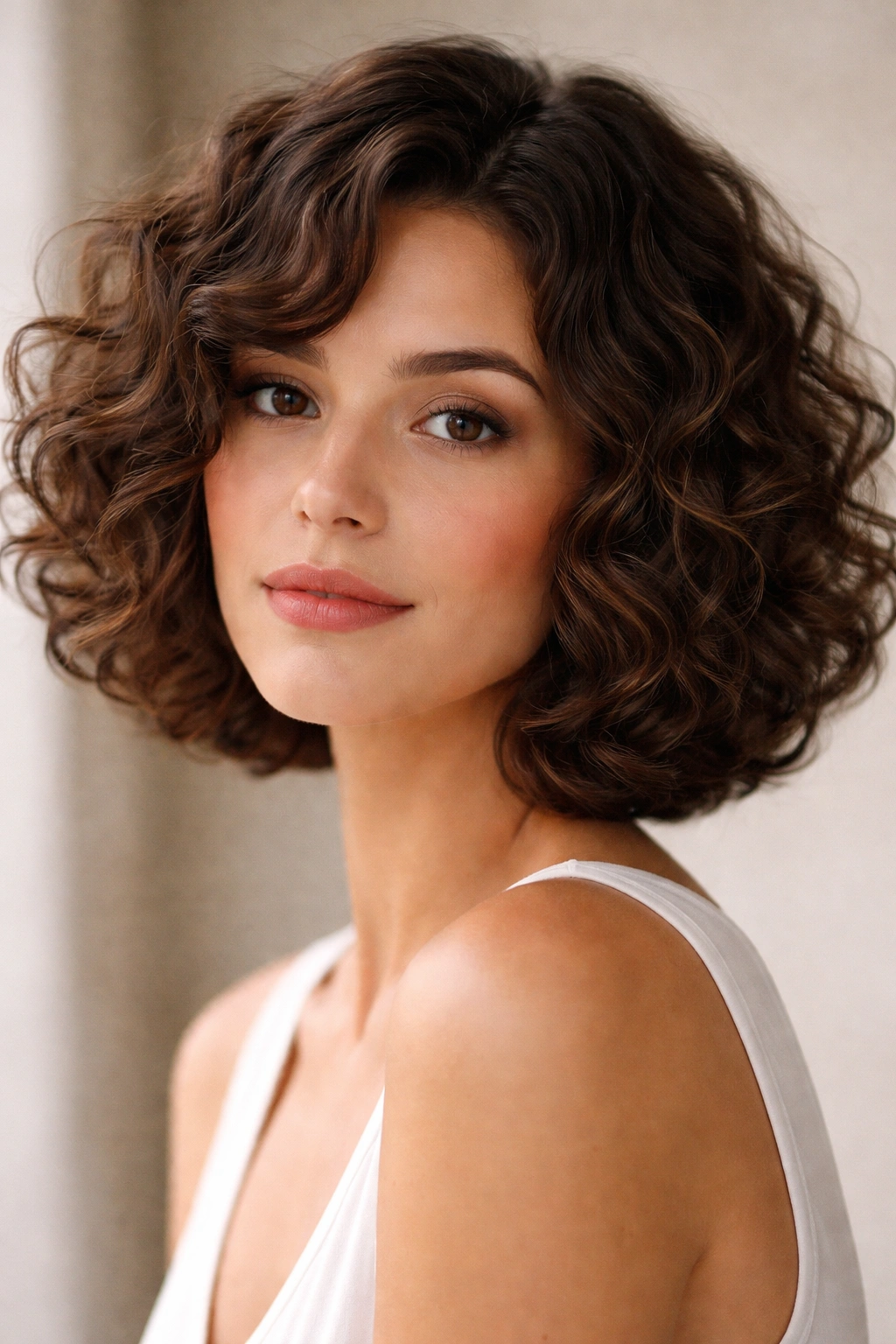 Curly bob with soft layers creating a rounded, balanced silhouette