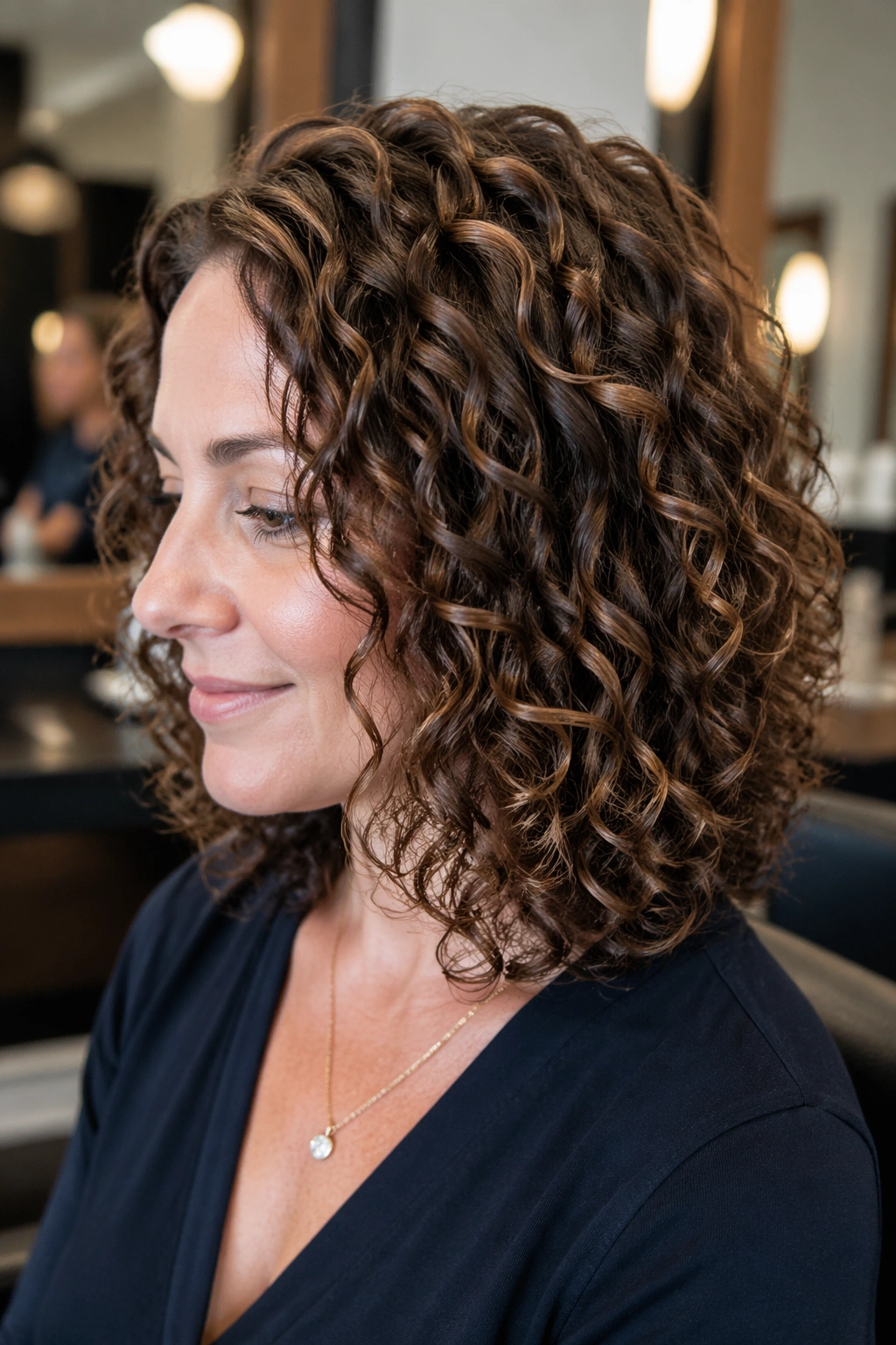 Close-up of shoulder-length curly bob with defined curls in a salon setting.