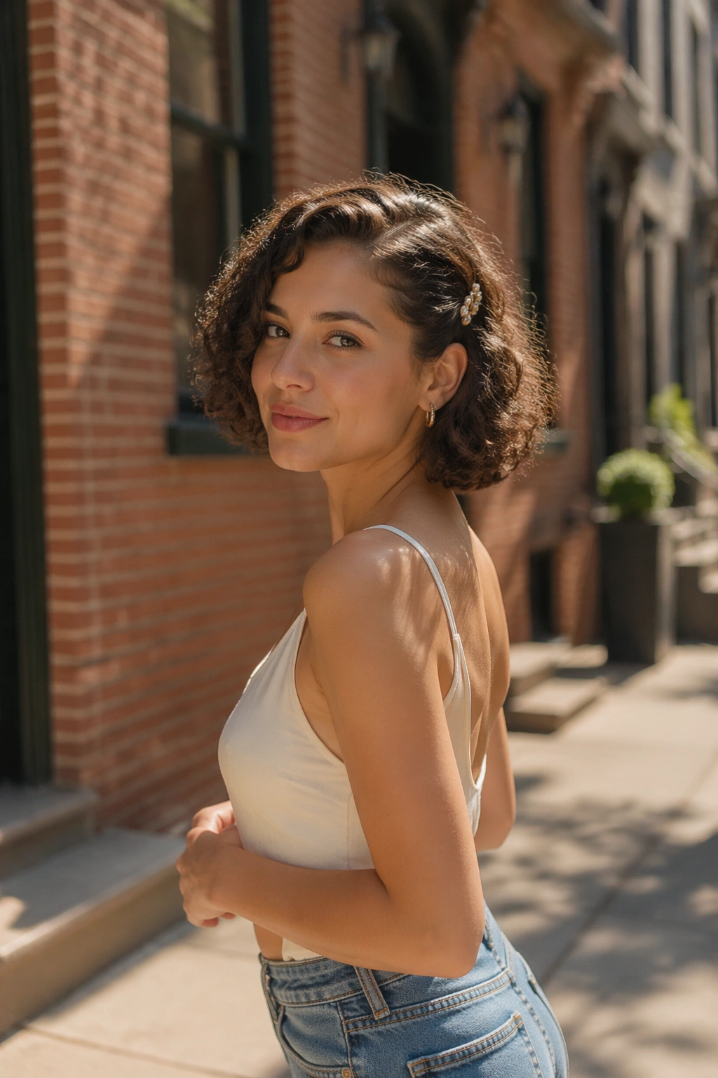 Curly bob with tucked side in urban setting