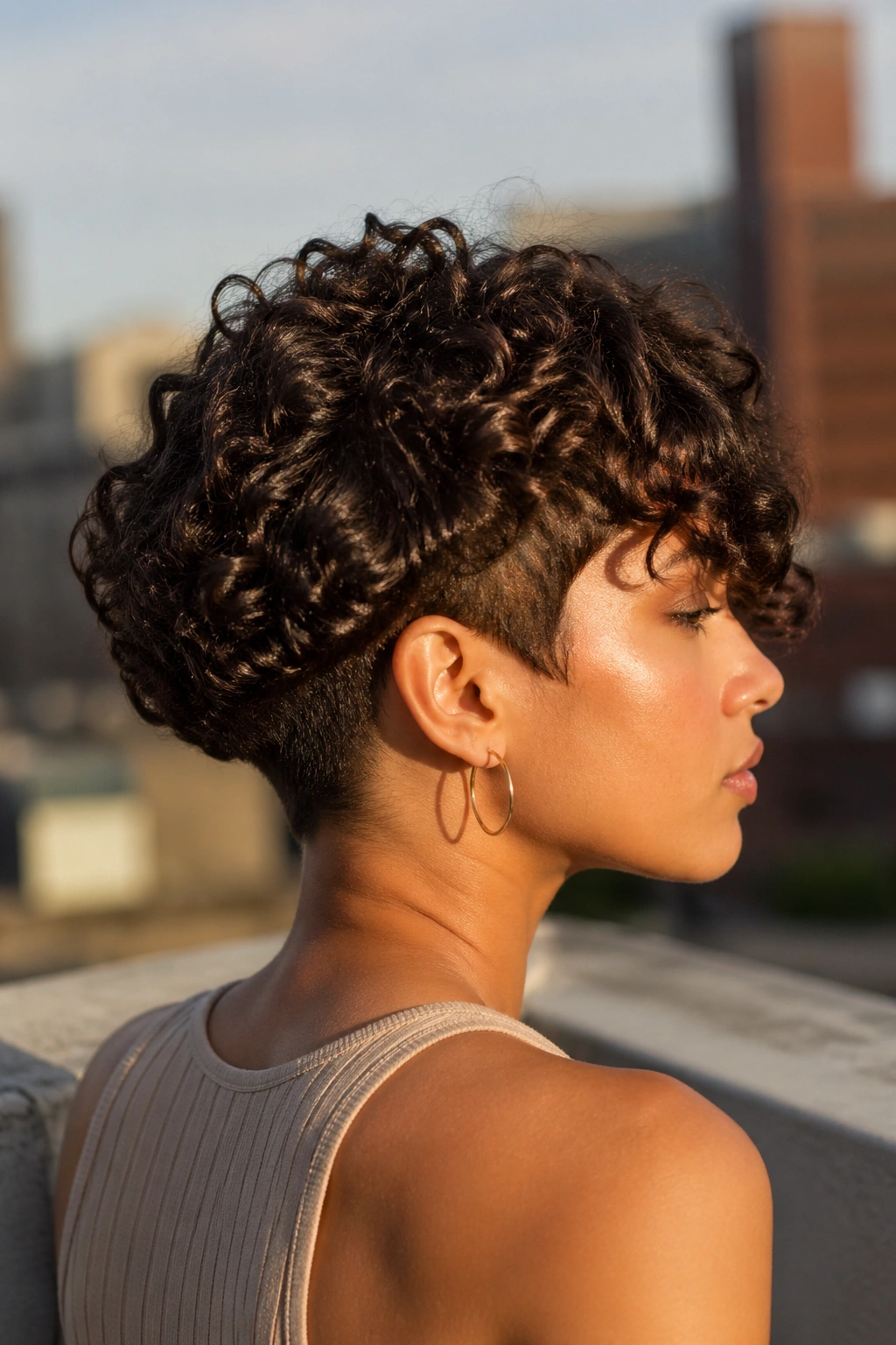 Close-up of real person with curly bob and undercut