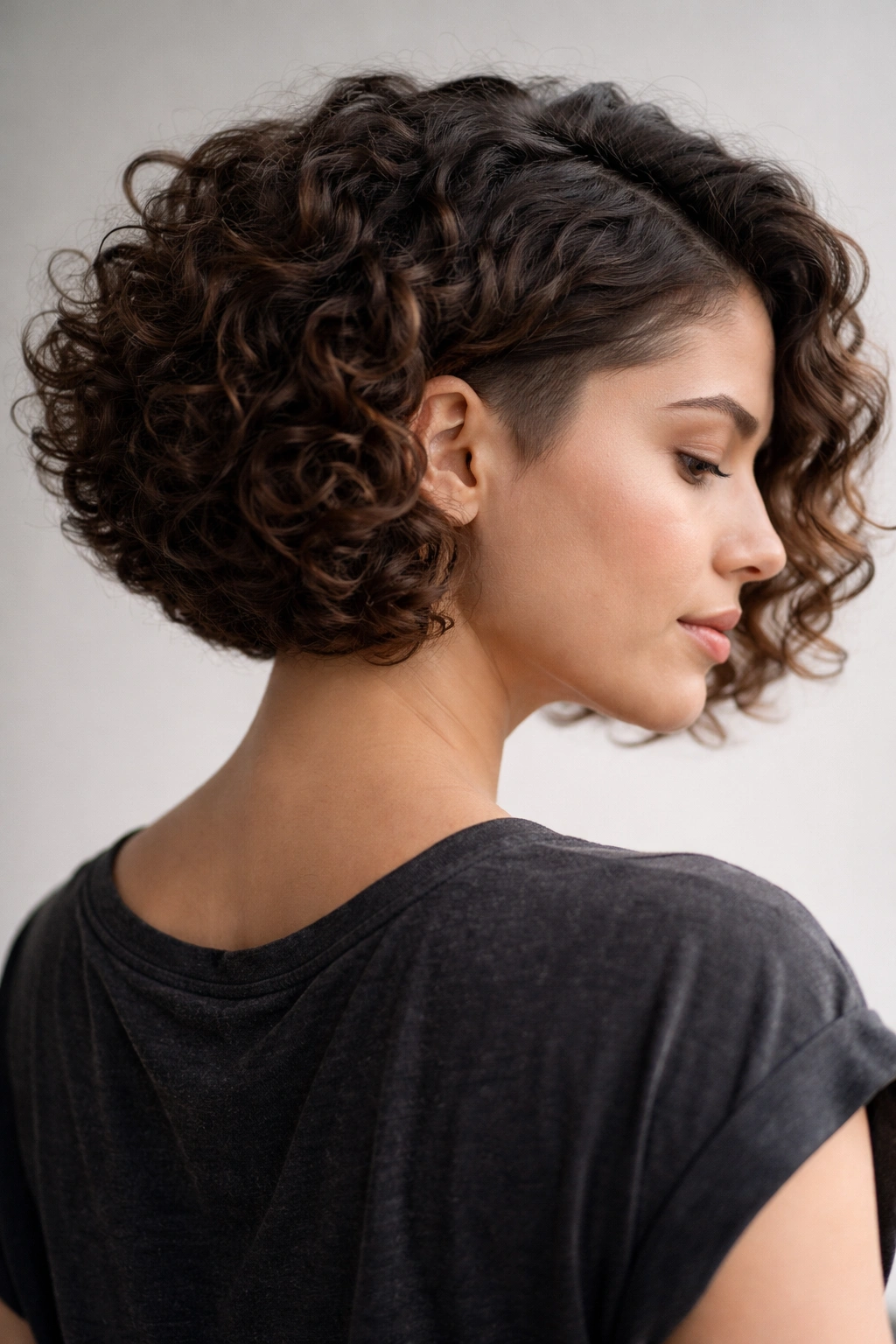 Close-up portrait of a thick curly bob with a hidden undercut, showing full exterior silhouette.