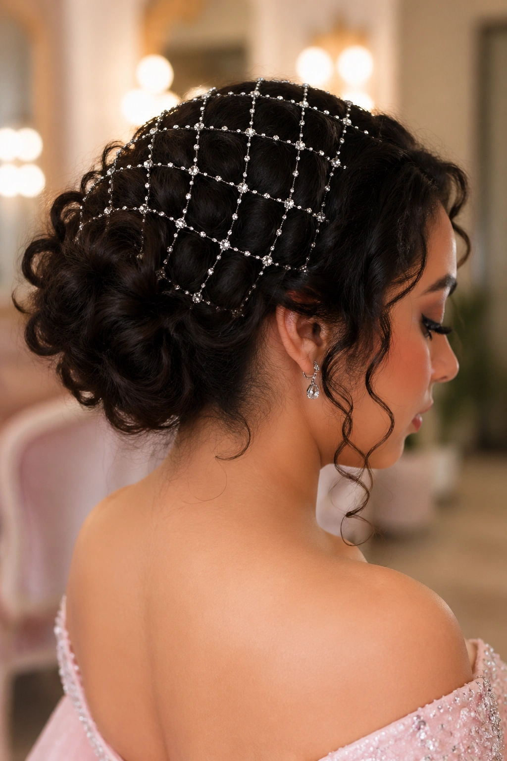 Close-up of curly bob-length updo with rhinestone net on a real woman