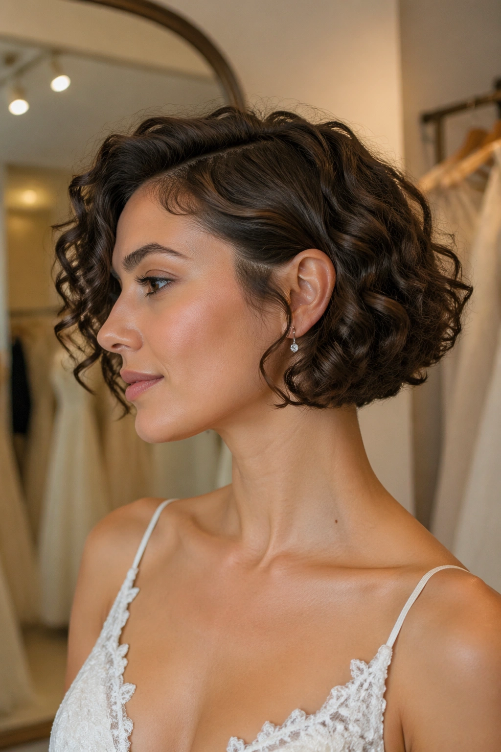 Side profile of curly bob with tucked side behind the ear