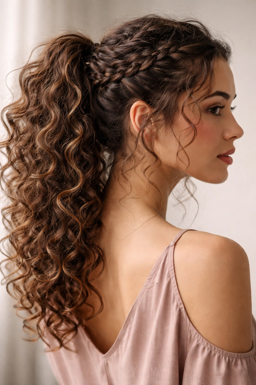 Curly hair braided ponytail with defined curls