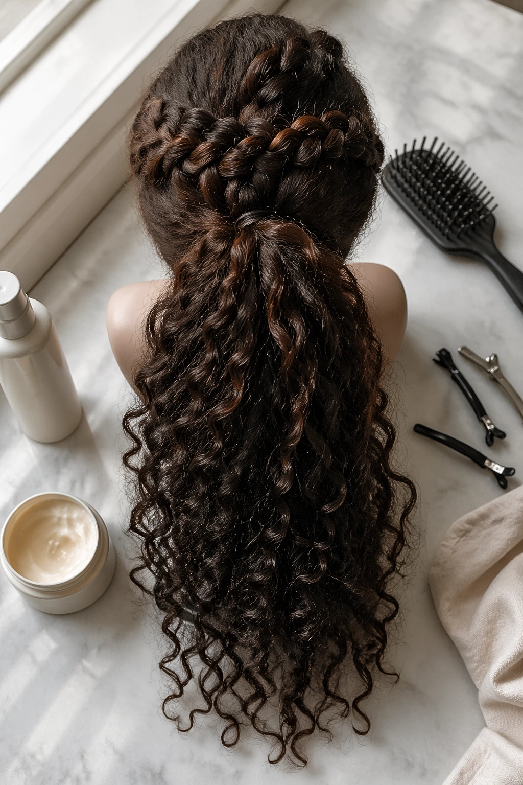 Overhead flat-lay of curly textured braided ponytail with tools