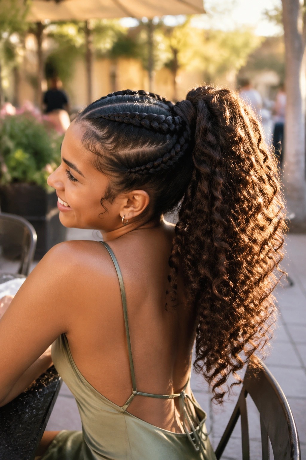 Wide outdoor shot of curly double braided ponytail in sunlit setting.
