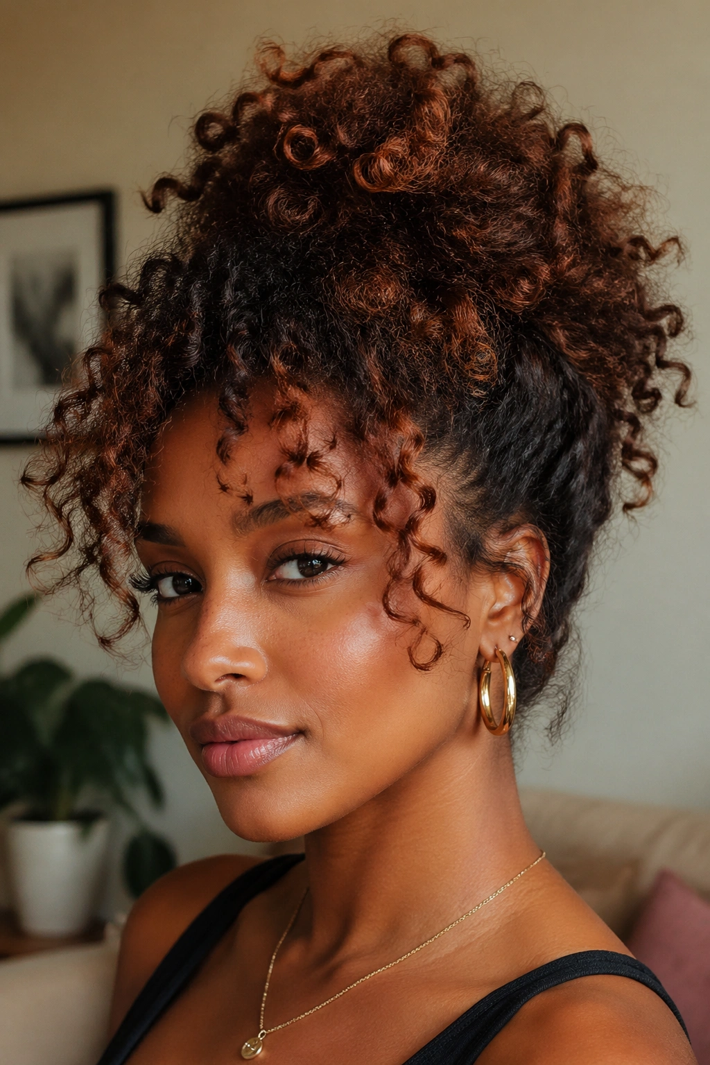 Close-up of a real woman with a curly brushed-out updo