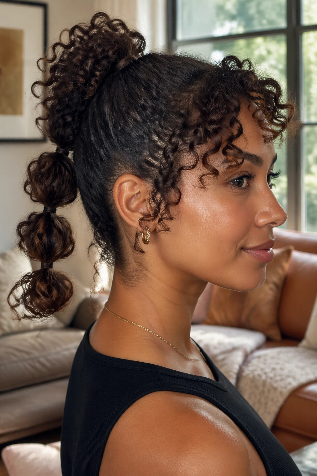 Close-up of a real person with a curly bubble ponytail