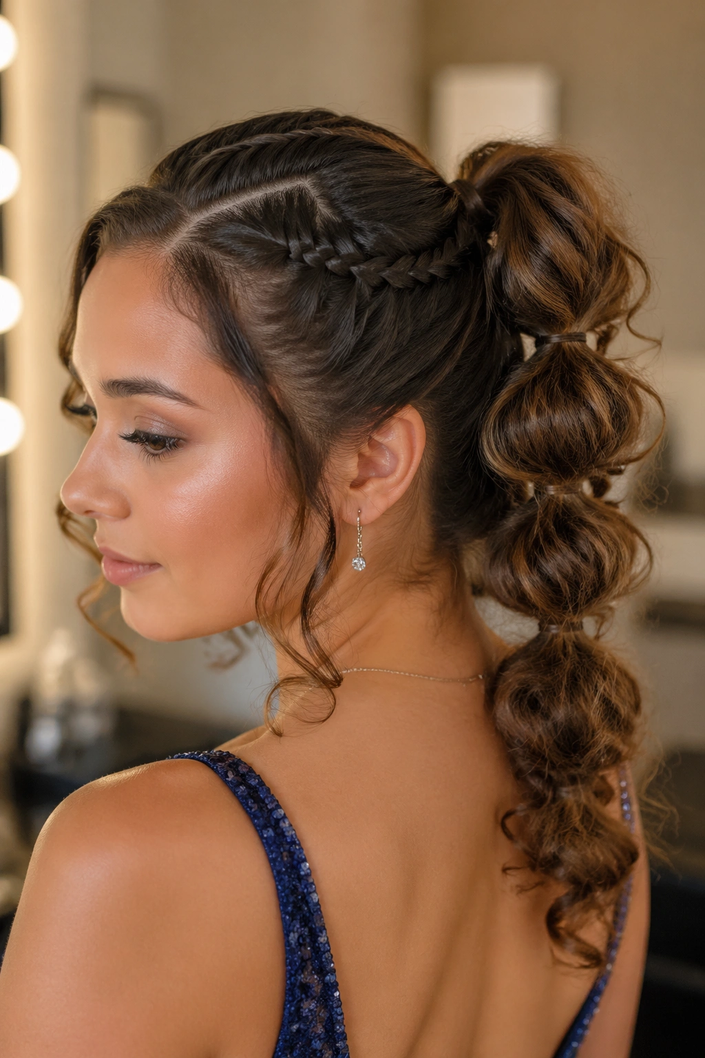 Close-up of a real woman's curly bubble ponytail with a side braid at the temple