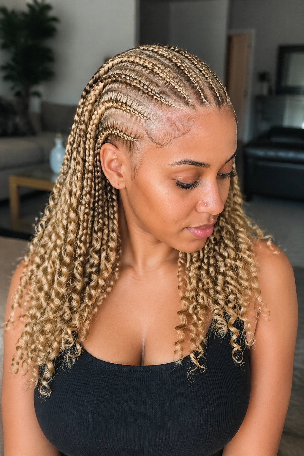 Shoulder-level portrait of blonde cornrows ending in curly bulk on a real woman