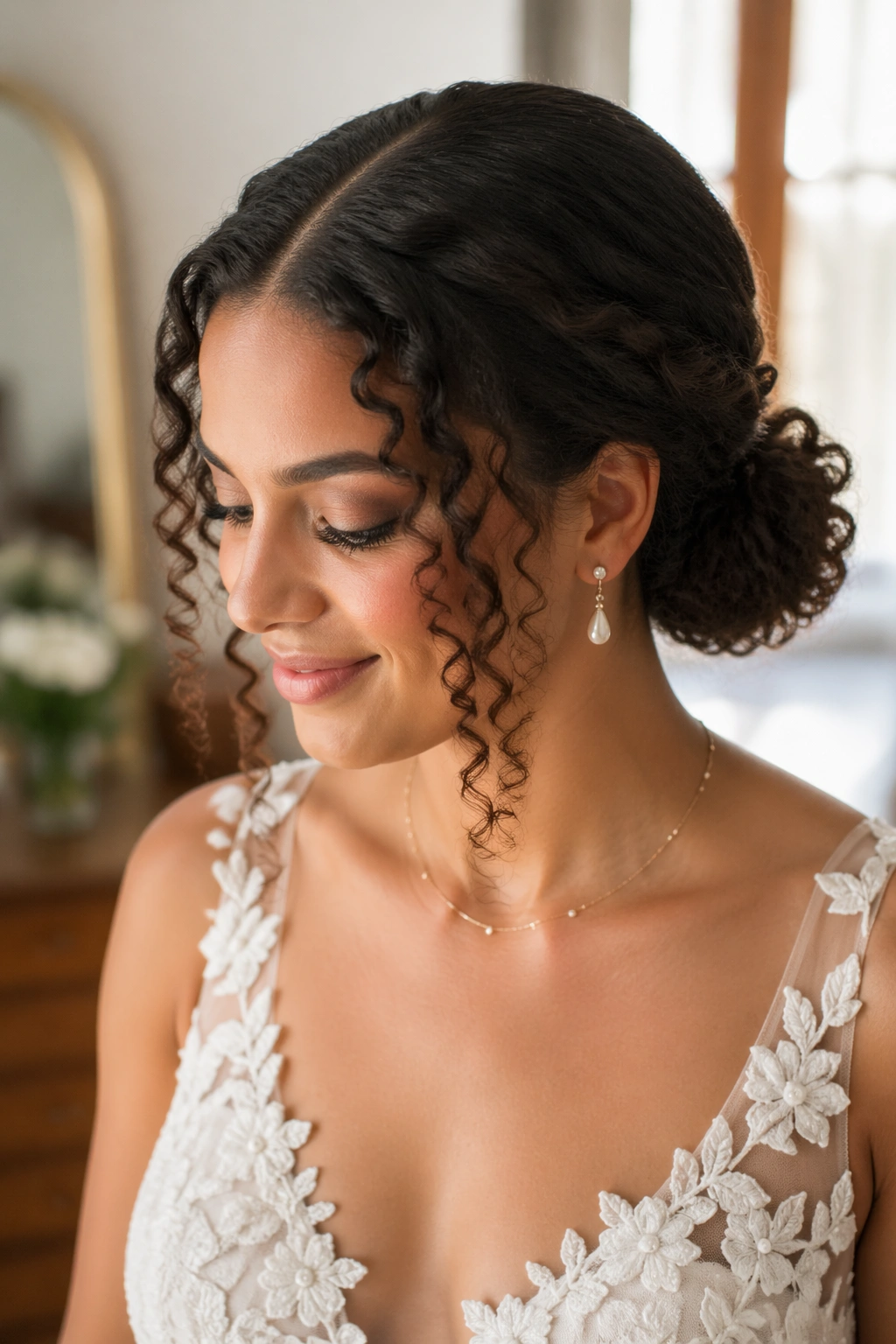 Close-up of a bride with a center-part and low curly bun