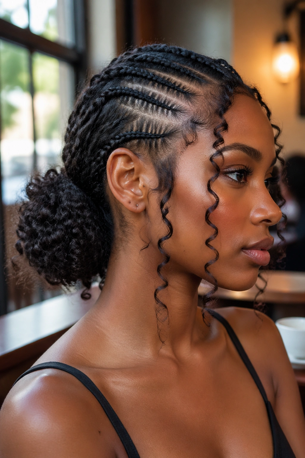 Close-up of a real woman with a curly bun framed by cornrows and face-cradling tendrils in warm cafe light