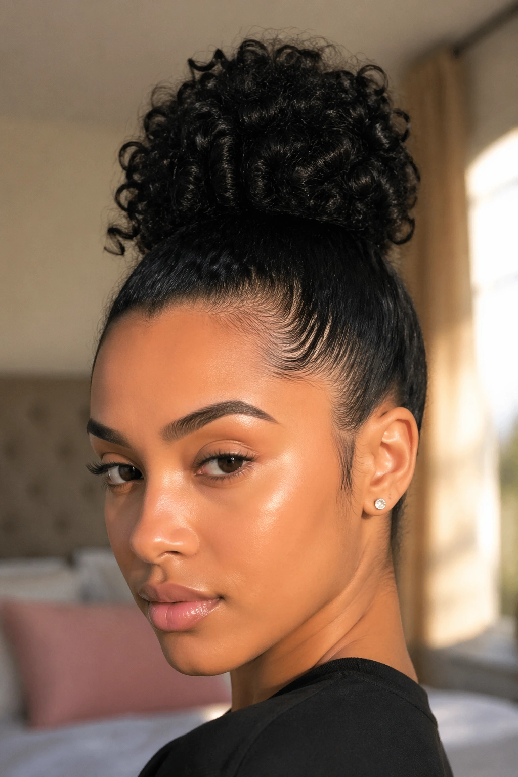 Close-up portrait of a real woman with a high curly bun and sharp hairline under warm window light
