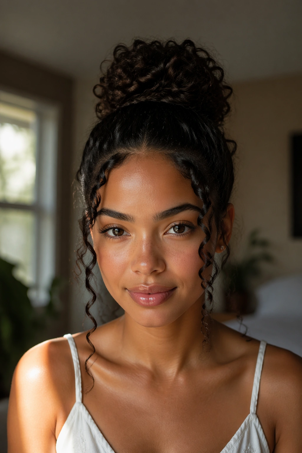 Front portrait of a real woman with a curly bun and face-framing tendrils