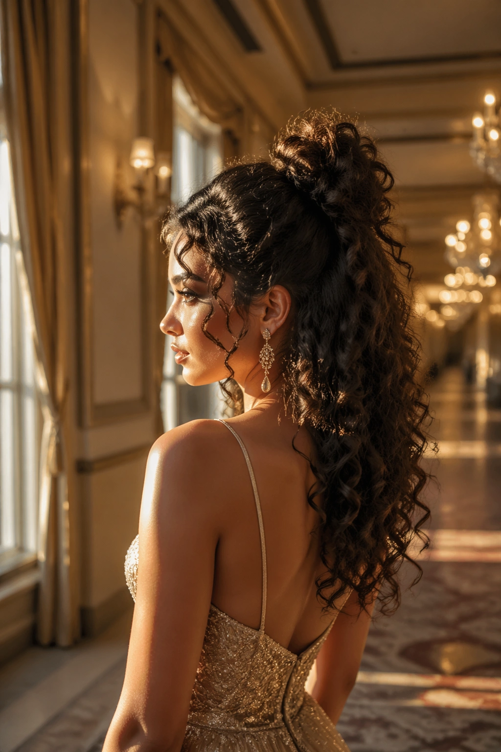 Wide shot of curly half-up bun with tendrils in a ballroom setting.