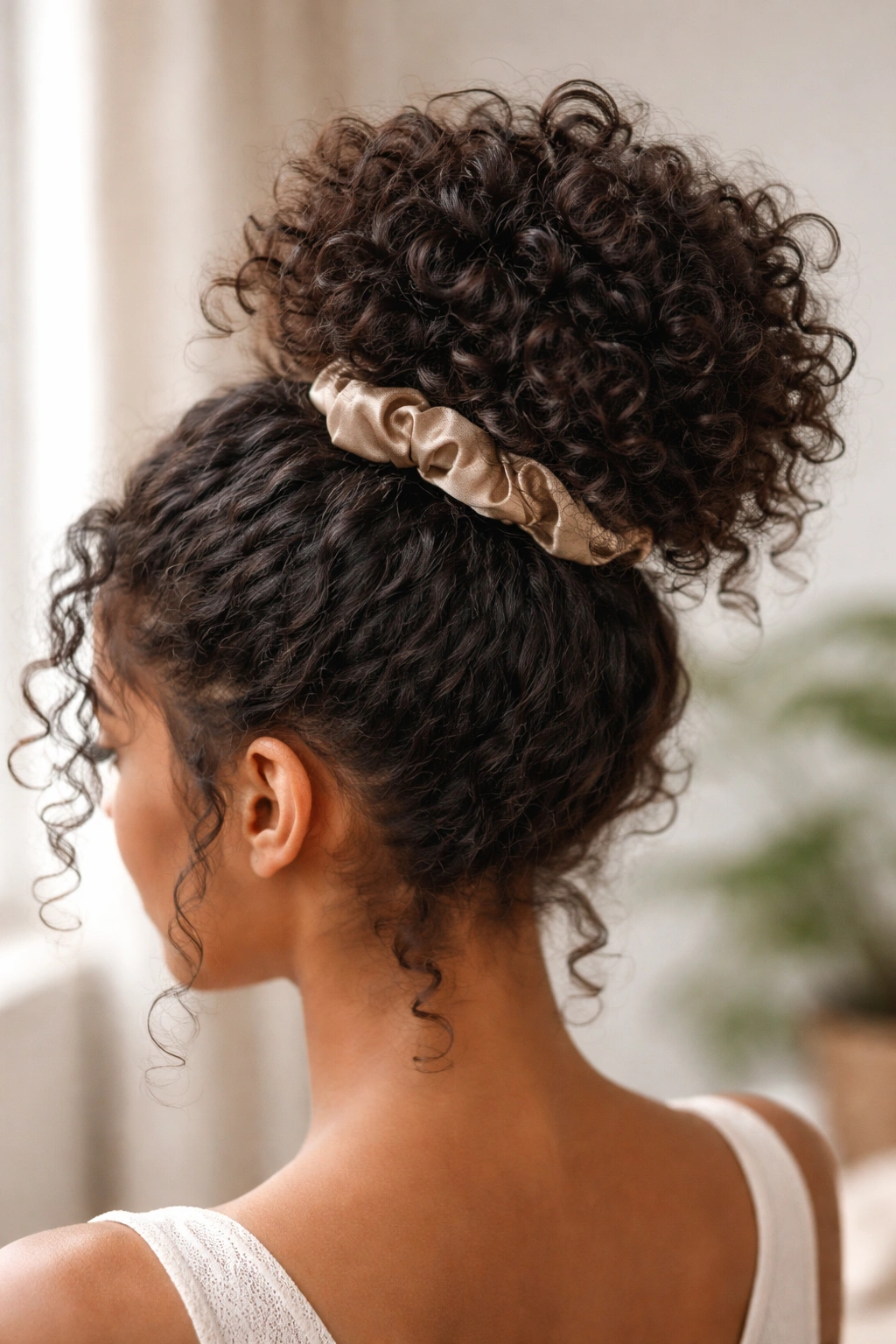 Curly bun with top curls stacked and satin scrunchie