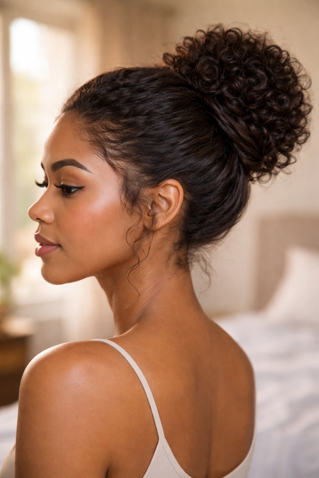 Close-up of a real woman with a curly bun blending natural coils and straight lengths under soft morning light