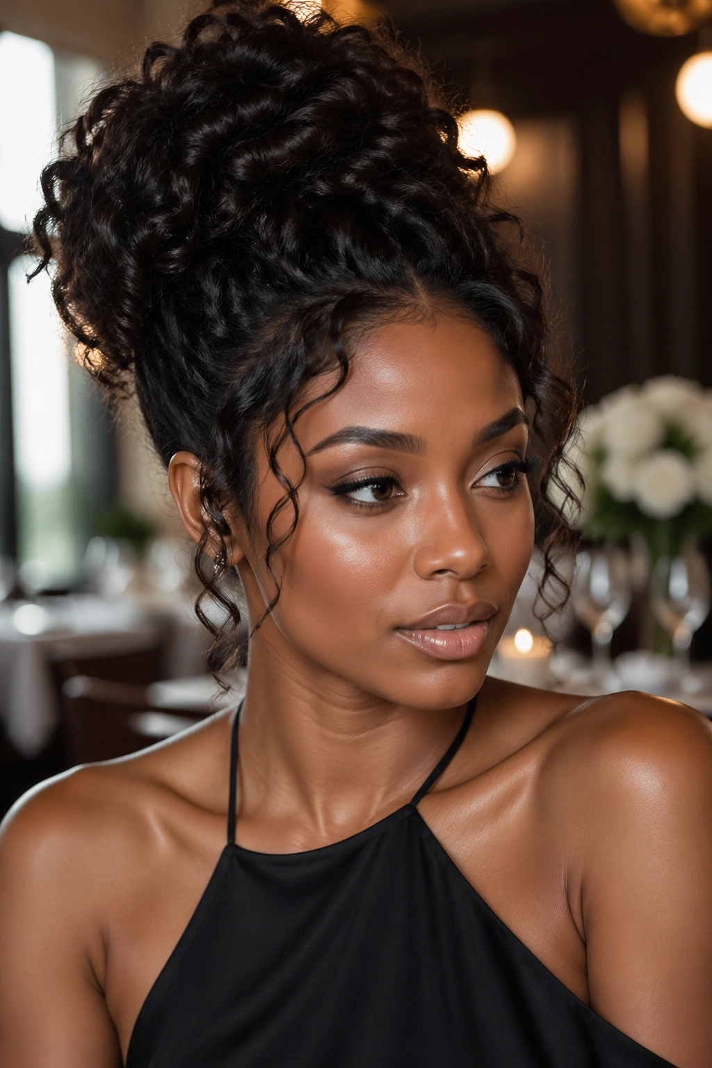 Close-up of real woman with curly bun updo and loose face-framing pieces in warm dining room light
