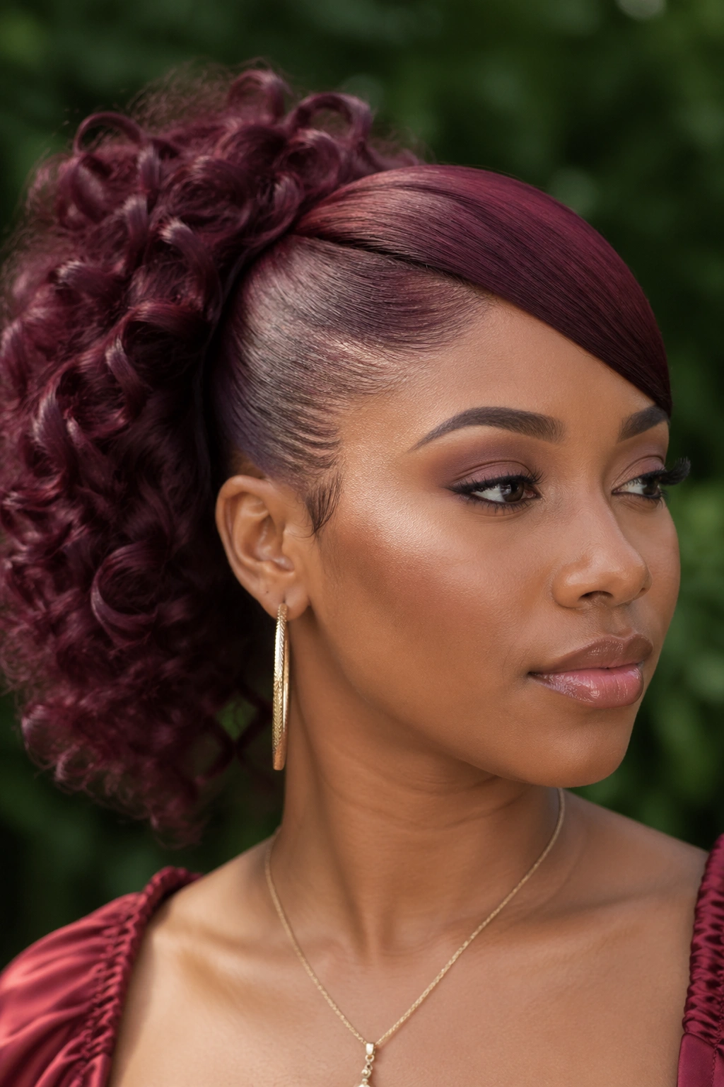 Close-up of a real woman with curly burgundy swoop ponytail