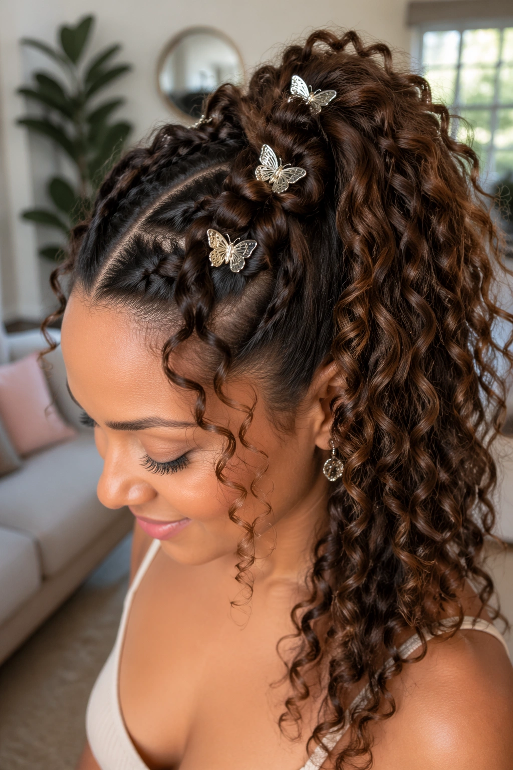 Close-up of a real woman with curly hair and butterfly braid ponytail with butterfly-shaped clips in a bright living room
