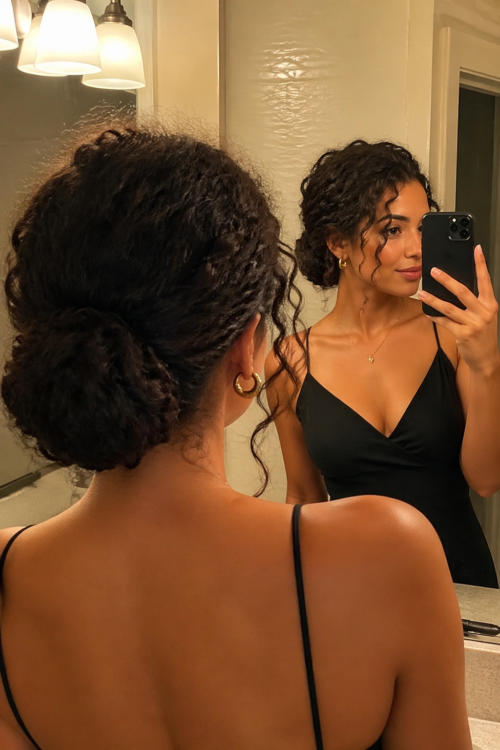 Low curly chignon with bun shaper and loose curls near ears.