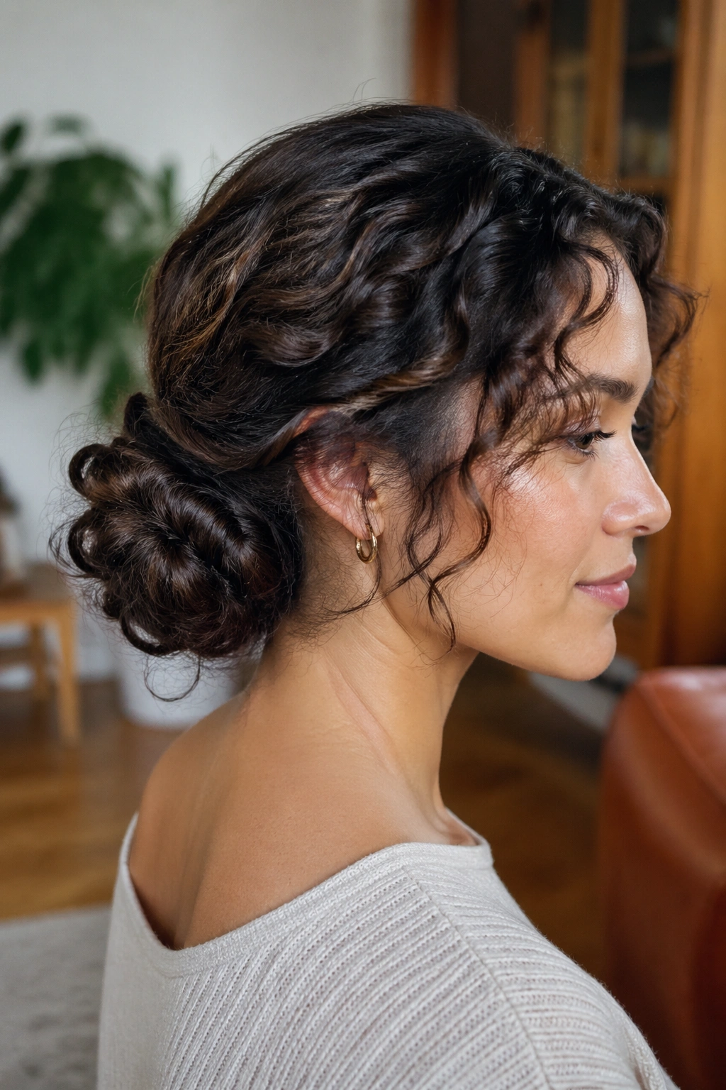 Real woman with a curly chignon at the nape, texture visible and soft coil