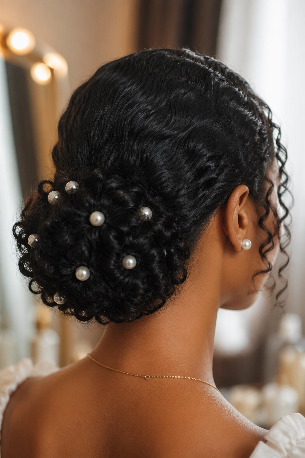 Rear close-up of a real woman with a low curly chignon and pearl pins at the nape.