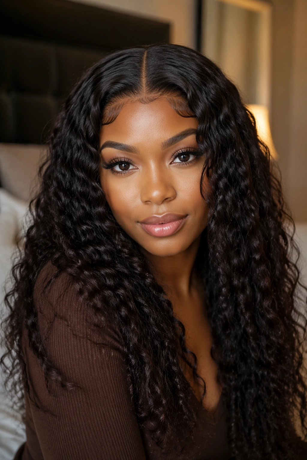 Close-up of a real woman wearing a curly closure wig with a center part and natural lace blend