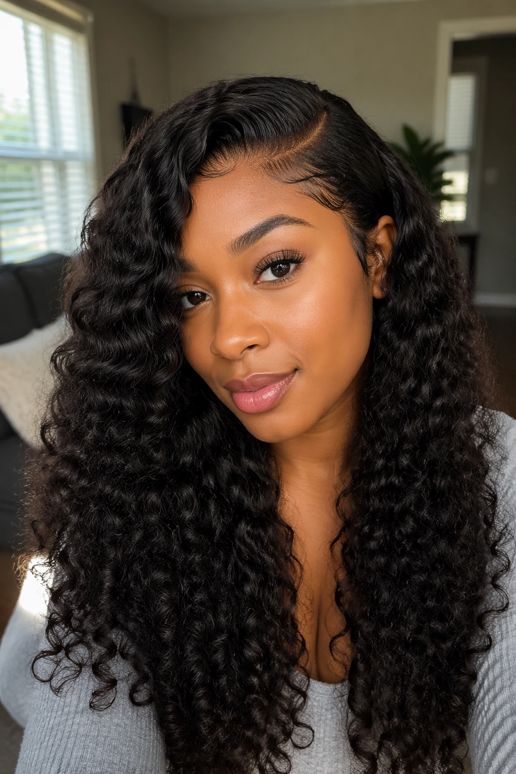 Close-up of a real woman with a deep side part in a curly closure wig