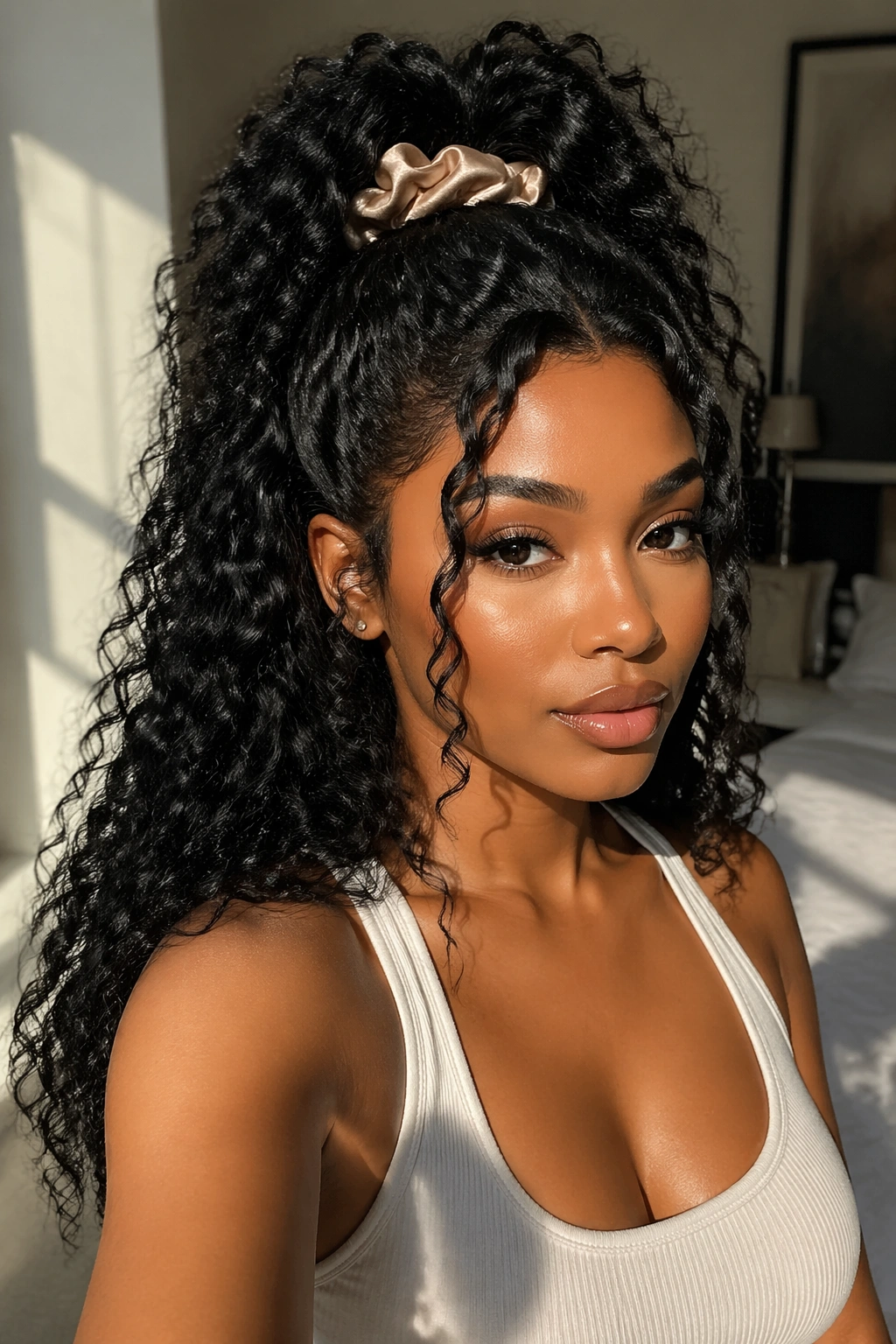 Close-up of a real woman in a half-up pineapple curly closure wig