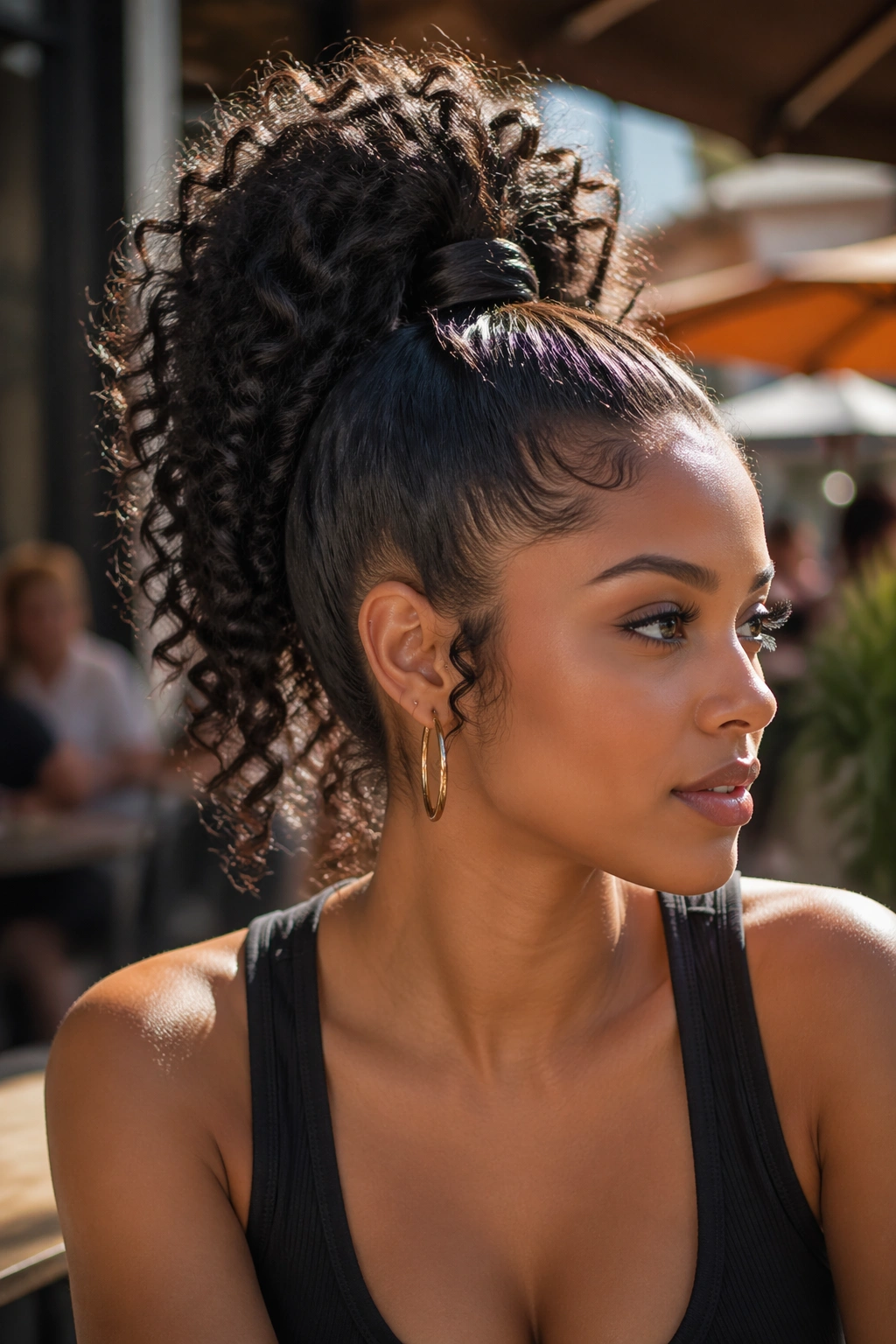 Close-up of a real woman with a high curly ponytail on a closure wig