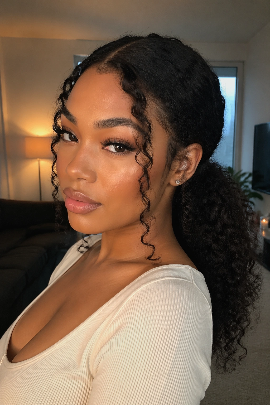 Close-up of a real woman with a low curly ponytail and face-framing strands